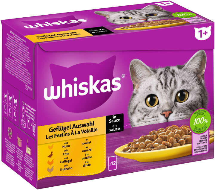 whiskas Katzen-Nassfutter PB Multipack 1+ Geflügel in Sauce 12 x 85g